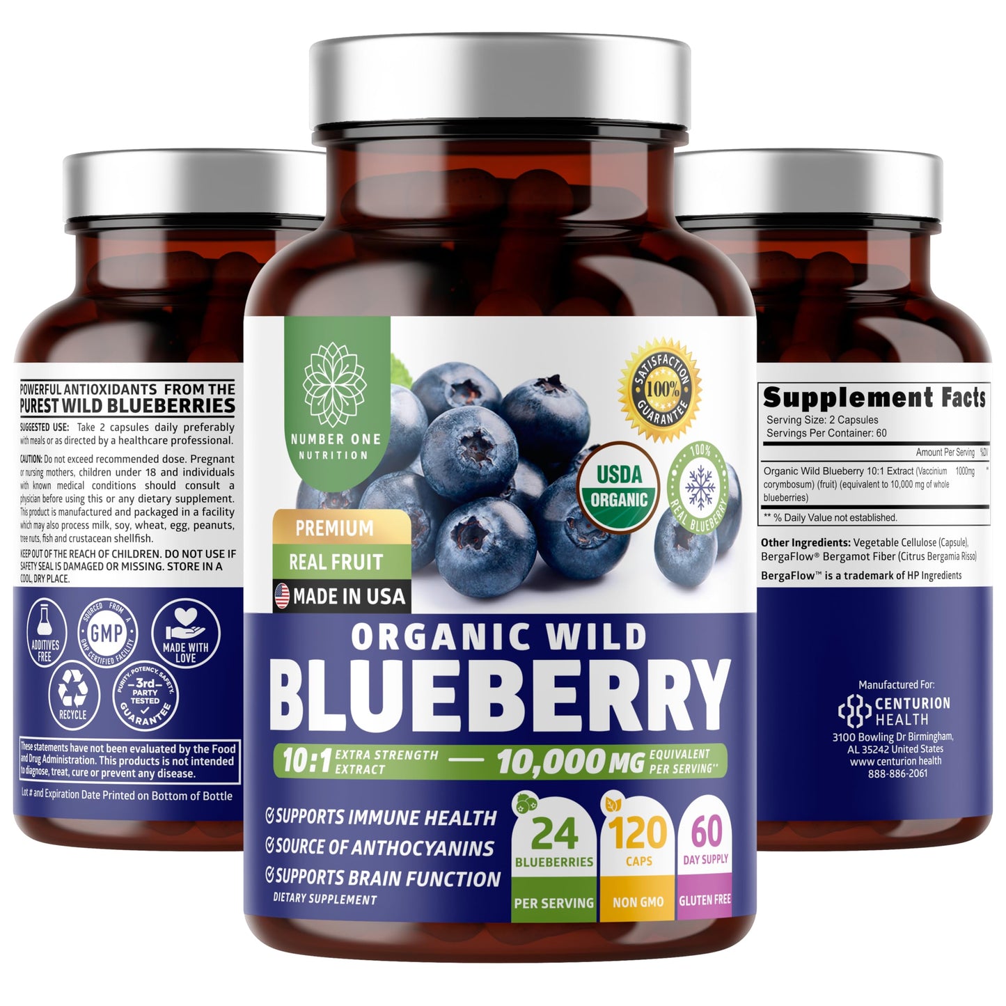 Number One Nutrition USDA Organic Wild Blueberry Extract 10:1 - 10,000 mg per Serving