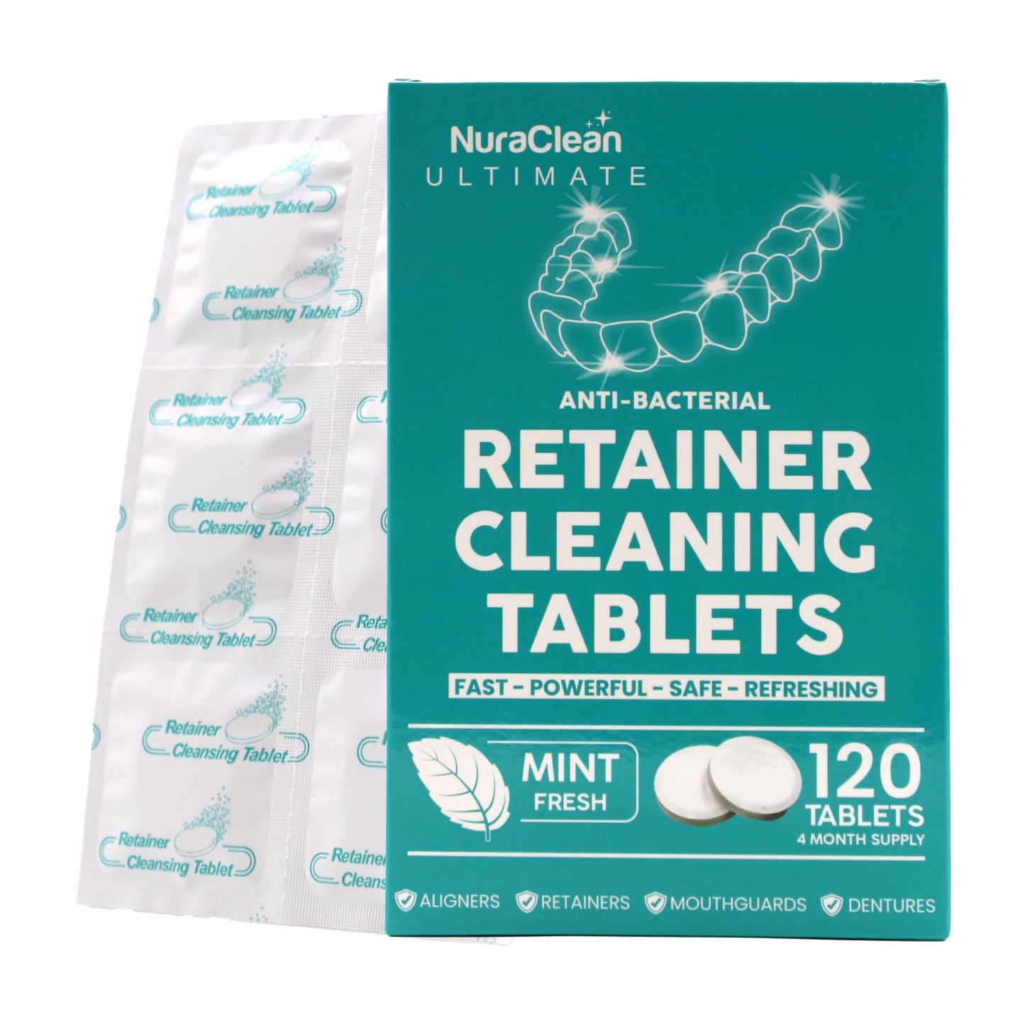 NuraClean Ultimate Retainer Cleaner Tablets – 120 Count | Braces, Mouthguards & Dentures