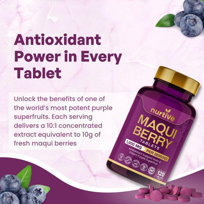 NURTIVE Maqui Berry Tablets - 1000 mg/Serving, 120 Tablets, 10:1 Extract | Vegan & Gluten-Free