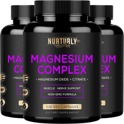 NURTURLY Magnesium Citrate & Oxide 500mg Complex – High Absorption, 360 Vegan Capsules