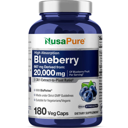 NusaPure Blueberry Concentrate 30:1 Extract – 667 mg Equivalent to 20,000 mg, 180 Veg Caps, Vegetarian, Vegan, Non-GMO