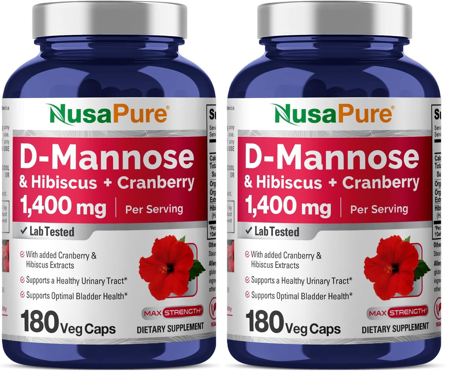 NusaPure D-Mannose Complex 1400 mg with Hibiscus & Cranberry – 180 Veggie Caps (Pack of 2)