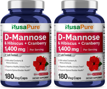 NusaPure D-Mannose Complex 1400 mg with Hibiscus & Cranberry – 180 Veggie Caps (Pack of 2)