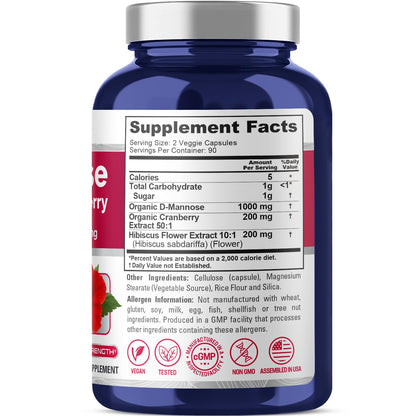 NusaPure D-Mannose Complex 1400 mg with Hibiscus & Cranberry – 180 Veggie Caps (Pack of 2)