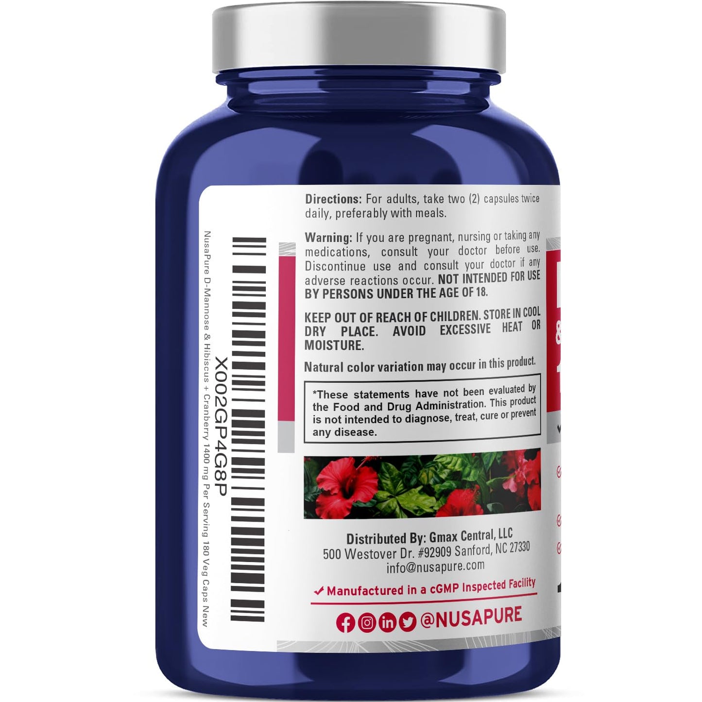 NusaPure D-Mannose Complex 1400 mg with Hibiscus & Cranberry – 180 Veggie Caps (Pack of 2)