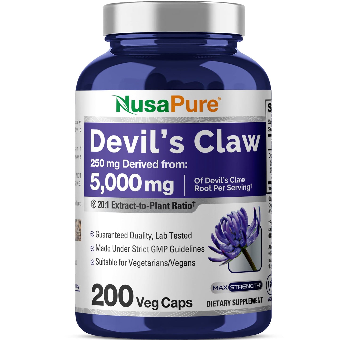 NusaPure Devil's Claw 20:1 Extract – 250 mg (5000 mg equiv) | 200 Veggie Caps | Vegan