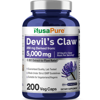 NusaPure Devil's Claw 20:1 Extract – 250 mg (5000 mg equiv) | 200 Veggie Caps | Vegan