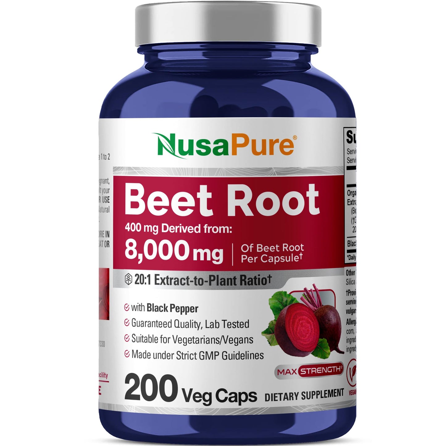NusaPure Organic Beet Root 20:1 Extract – 400 mg per Capsule, 200 Veggie Caps | Vegan, Non-GMO