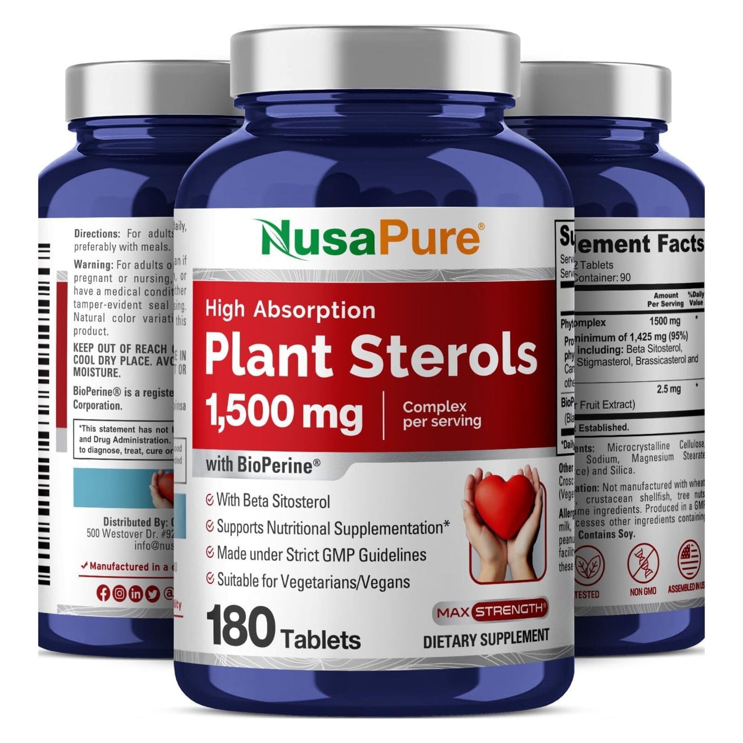 NusaPure Plant Sterols 1500 mg - 180 Vegan Tablets | Non-GMO, Beta Sitosterol + Bioperine (Pack of 2)
