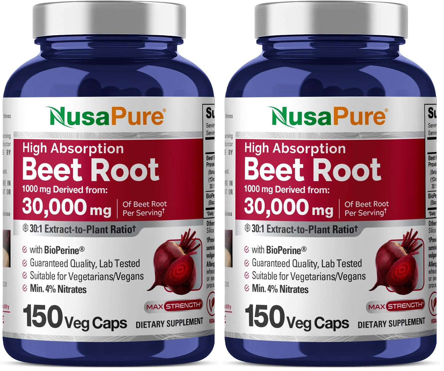 NusaPure Beet Root 30:1 Extract – 1000 mg per Serving, 150 Veggie Caps, Bioperine