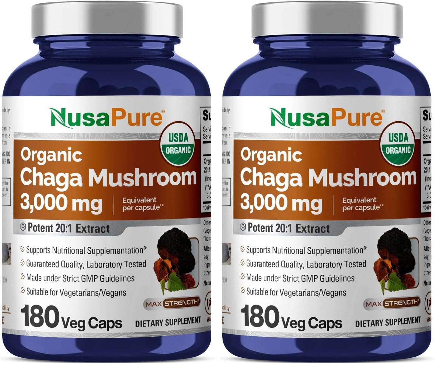 NusaPure Chaga 20:1 Extract – 150 mg (3000 mg) per Capsule, 180 Count, USDA Organic, Vegan, Non-GMO, Pack of 2