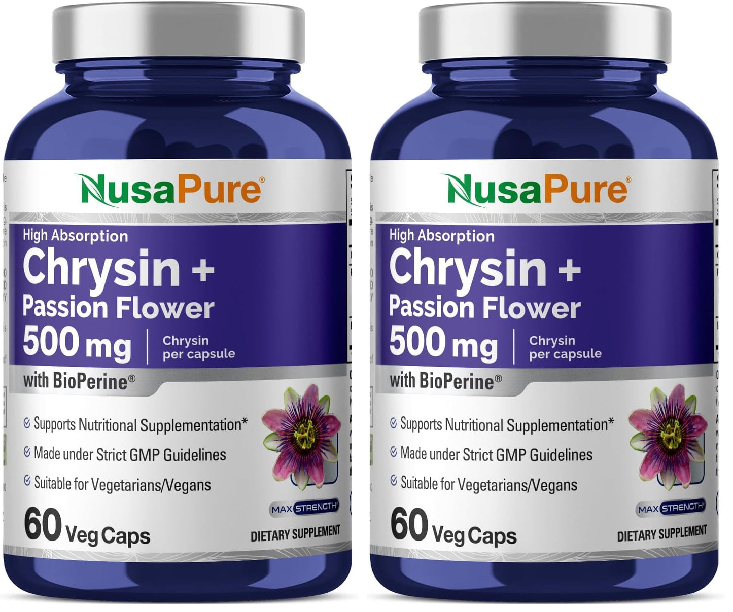 NusaPure Chrysin 500mg – 60 Veggie Capsules | Passion Flower Complex | Non-GMO + Bioperine | Pack of 2
