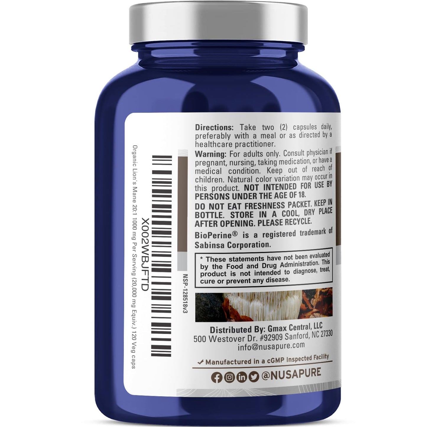 NusaPure Lion's Mane 20:1 Extract - 120 Veggie Caps | Organic, Gluten Free