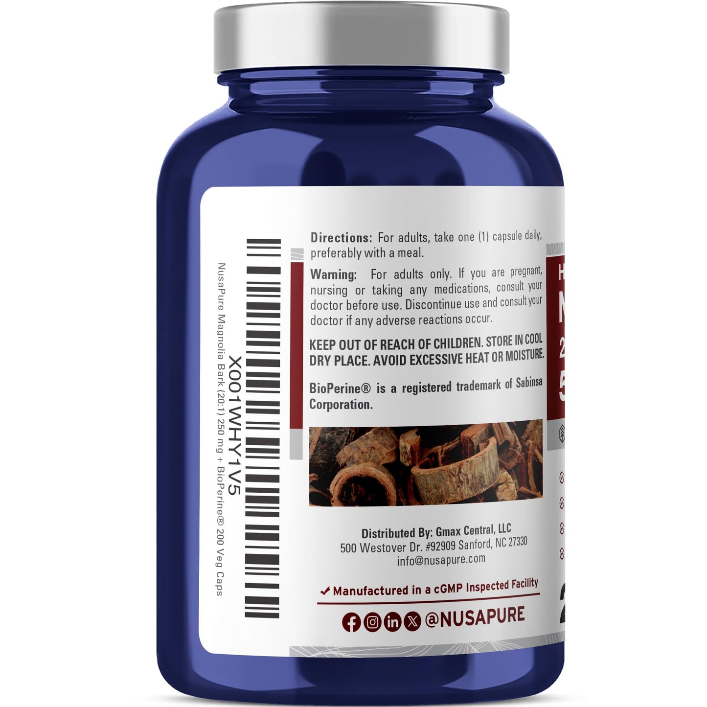 NusaPure Magnolia Bark 20:1 Extract – 250 mg Capsule, 200 Vegan, Non-GMO