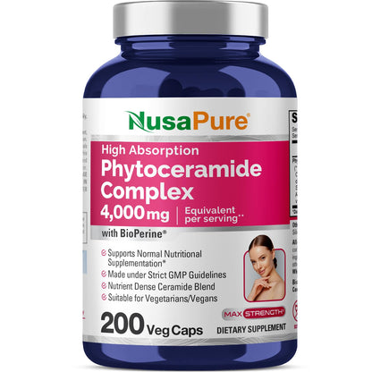 NusaPure Phytoceramide Complex 10:1 Extract – 1030 mg (4000 mg Equivalent) 200 Veggie Capsules, Non-GMO, Bioperine
