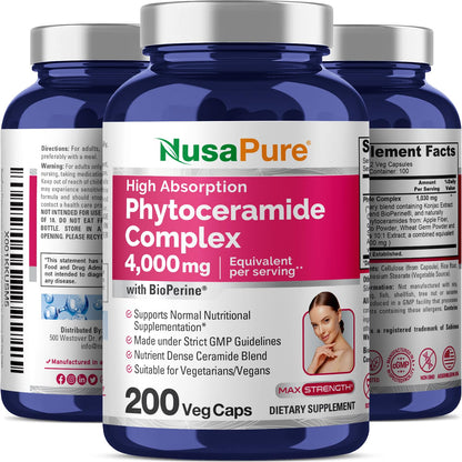 NusaPure Phytoceramide Complex 10:1 Extract – 1030 mg (4000 mg Equivalent) 200 Veggie Capsules, Non-GMO, Bioperine