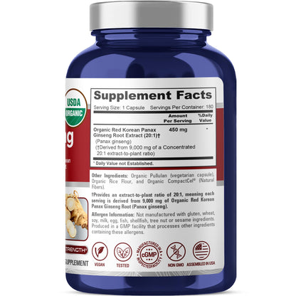 NusaPure Red Korean Panax Ginseng 20:1 Extract - 180 Veggie Caps (450 mg, 9,000 mg Root Equivalent)
