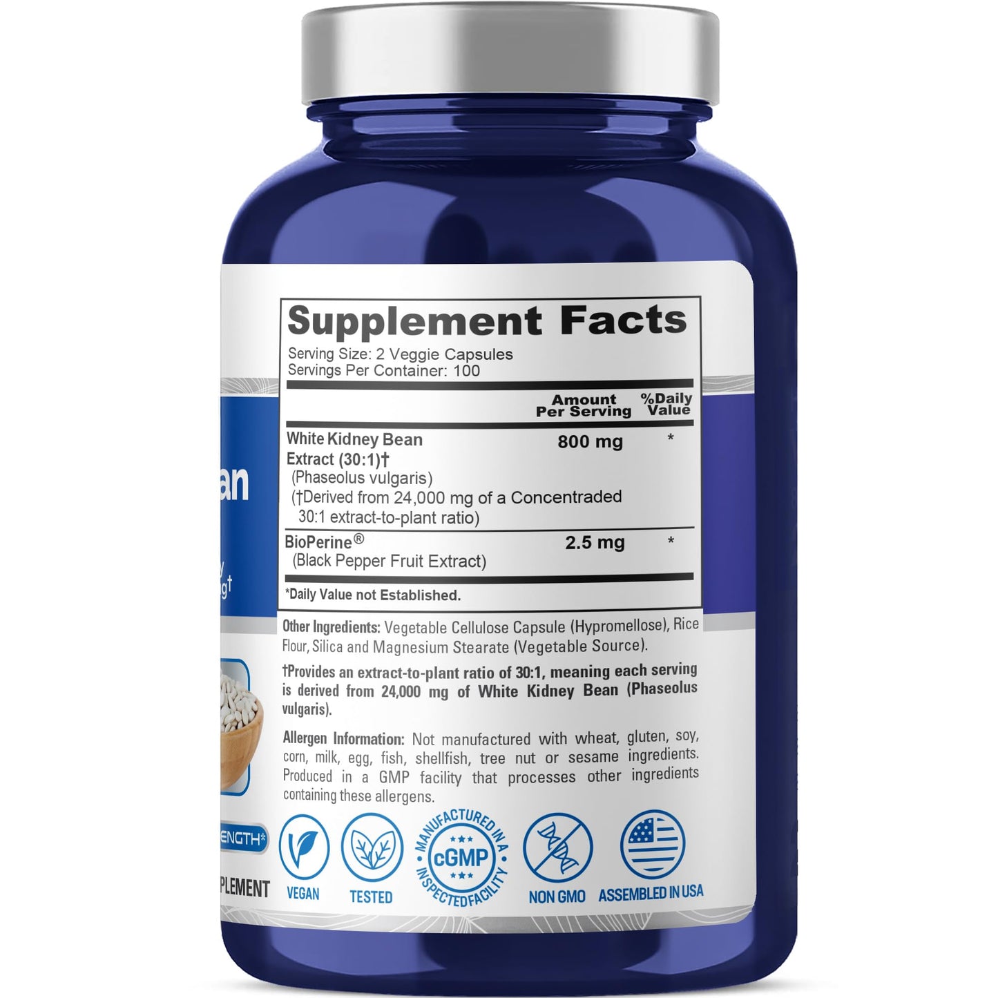 NusaPure White Kidney Beans 30:1 Extract – 24,000 mg Equivalent, 200 Vegan Capsules (Pack of 2)