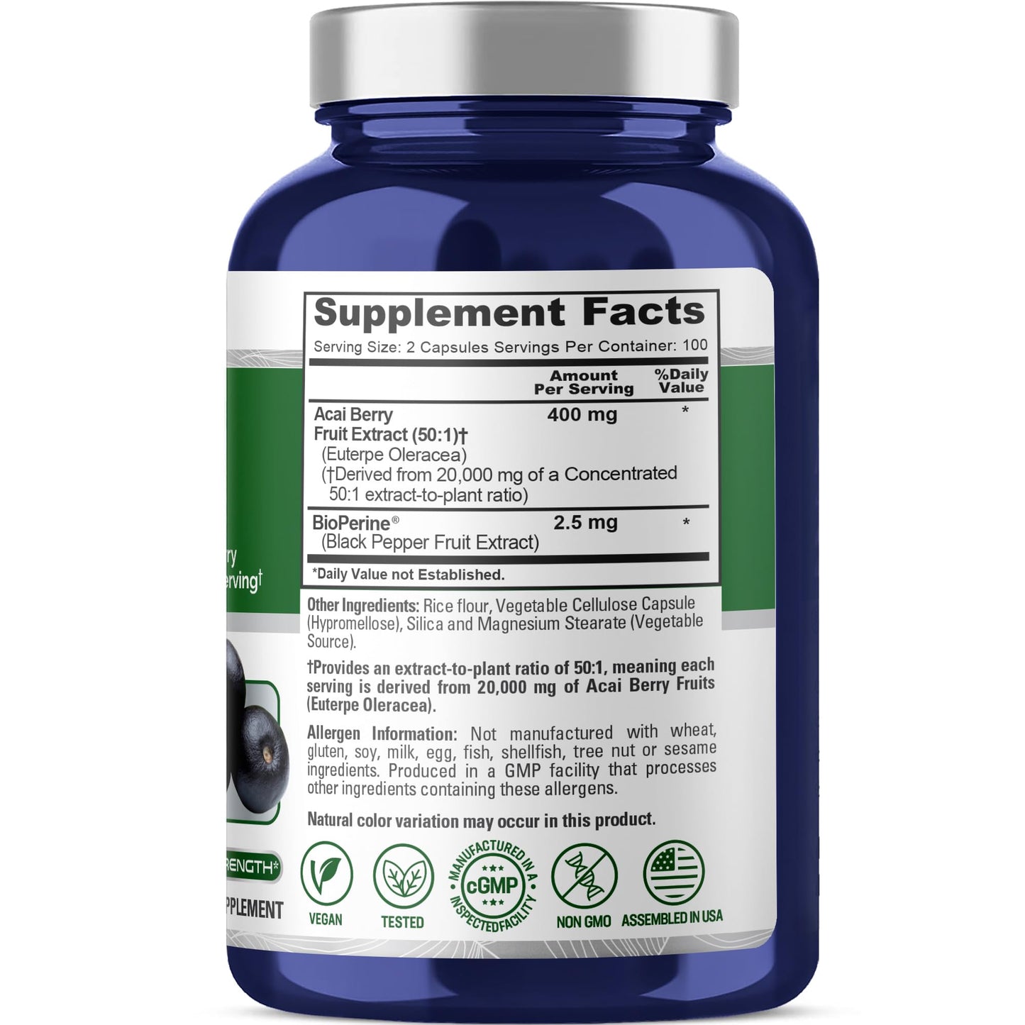 NusaPure Acai Berry 50:1 Extract – 20000 mg per Serving, 200 Veggie Capsules