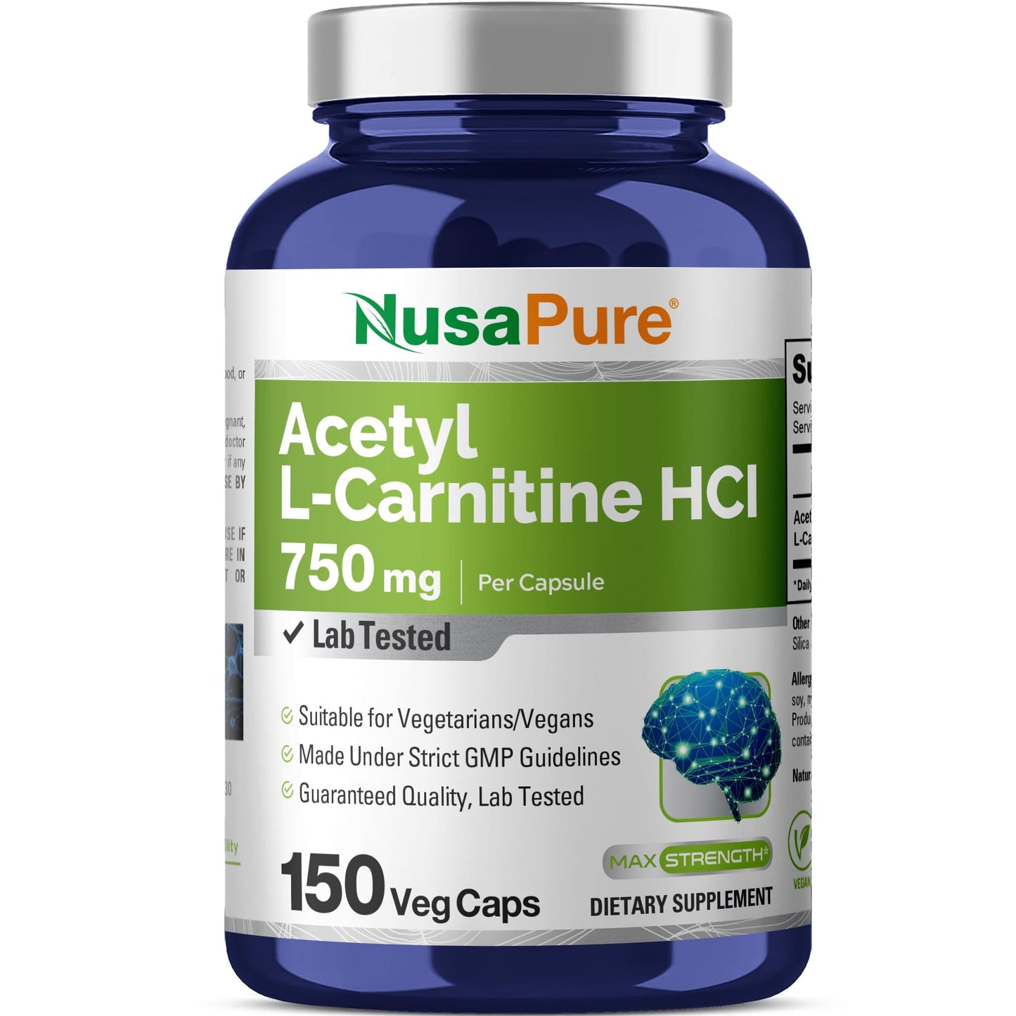 NusaPure Acetyl L-Carnitine 750mg Veggie Caps - 150 CT Non-GMO, Vegan