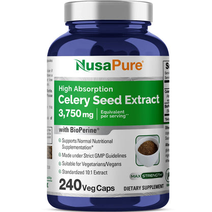 NusaPure Celery Seed Capsules 10:1 Extract – 375 mg (3750 mg eq), 240 Veggie Caps, Non-GMO, Vegan