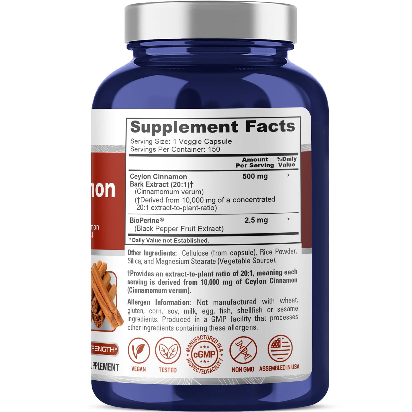 NusaPure Ceylon Cinnamon 20:1 Extract — 500 mg per Capsule | 150 Veggie Caps | Pack of 2