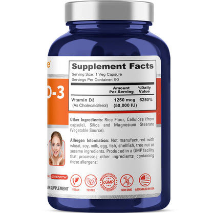 NusaPure Vitamin D3 50,000 IU - 90 Veggie Capsules (Pack of 2) | Non-GMO, Vegan