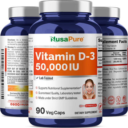 NusaPure Vitamin D3 50,000 IU - 90 Veggie Capsules (Pack of 2) | Non-GMO, Vegan