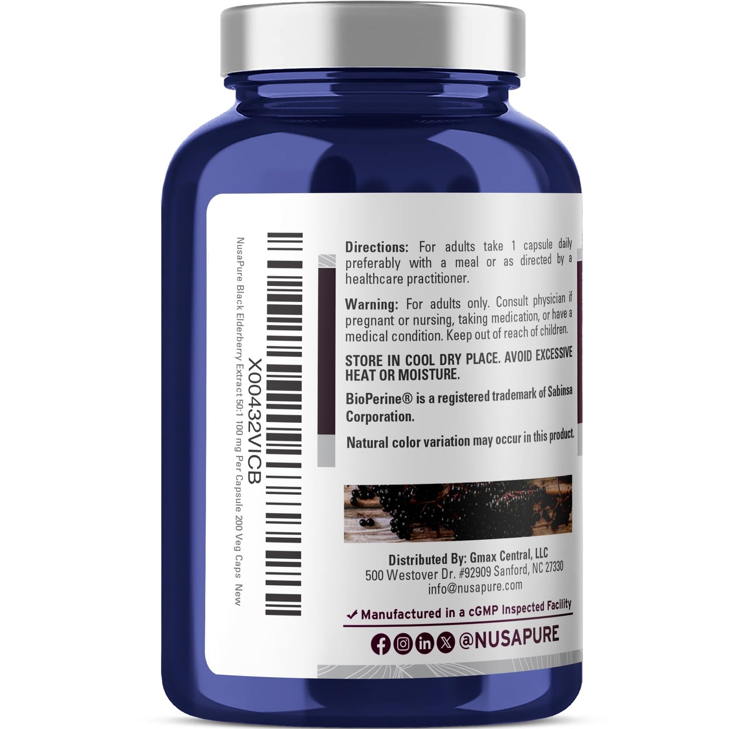 NusaPure Black Elderberry 50:1 Extract – 100 mg per Capsule, 5,000 mg Fruit Equiv, 200 Vegan Capsules