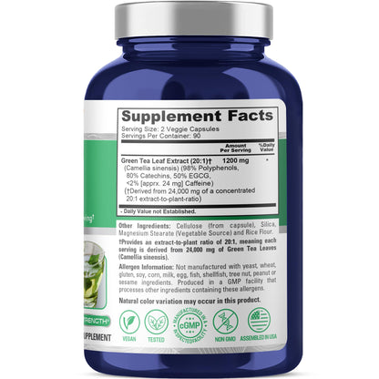 NusaPure Green Tea 20:1 Extract, 1200 mg Equivalent to 24000mg, 180 Vegan Capsules, 50% EGCG, 98% Polyphenols, 80% Catechins
