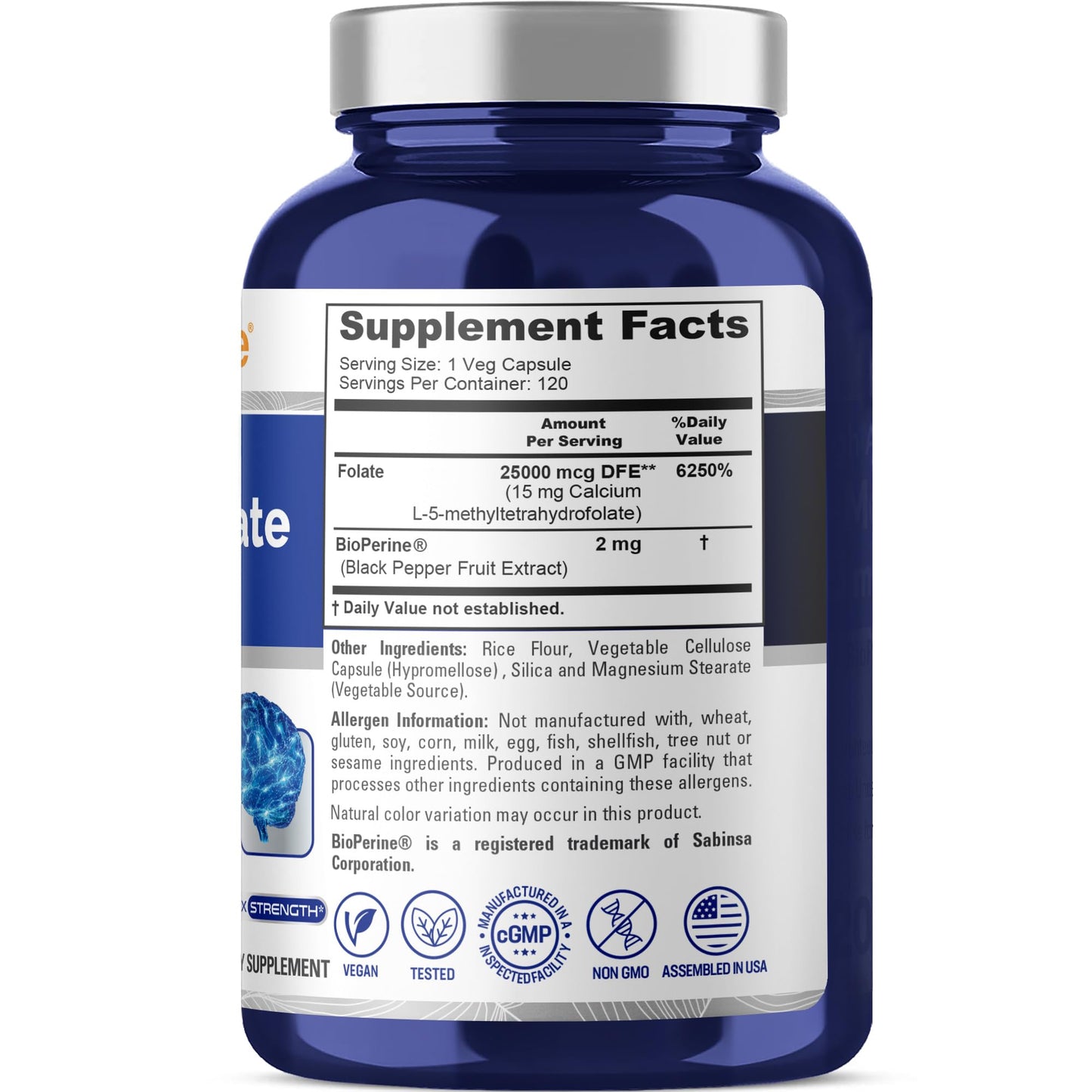 NusaPure L-Methylfolate 15mg | 120 Veggie Capsules with Bioperine