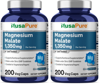 NusaPure Magnesium Malate 1350mg | 200 Veggie Capsules | Vegan Non-GMO Pack of 2