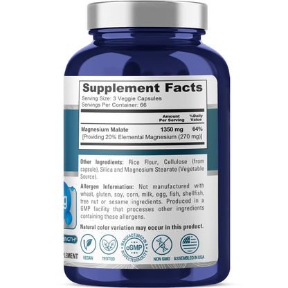 NusaPure Magnesium Malate 1350mg | 200 Veggie Capsules | Vegan Non-GMO Pack of 2