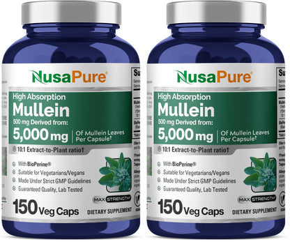 NusaPure Mullein Leaf Capsules 10:1 Extract – 150 Count – Non-GMO & Vegan (Pack of 2)