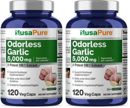 NusaPure Odorless Garlic 100:1 Extract | 50 mg per Capsule (Equivalent to 5,000 mg Garlic) | 120 Veggie Caps | Non-GMO | Pack of 2