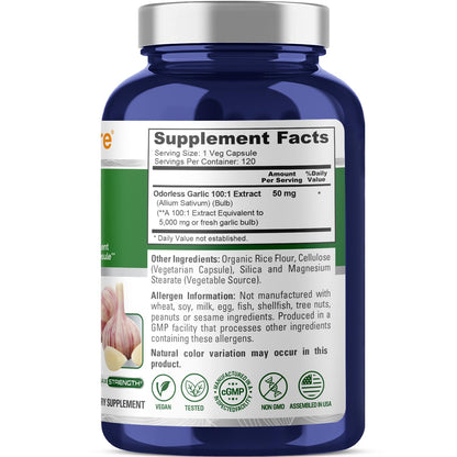 NusaPure Odorless Garlic 100:1 Extract | 50 mg per Capsule (Equivalent to 5,000 mg Garlic) | 120 Veggie Caps | Non-GMO | Pack of 2