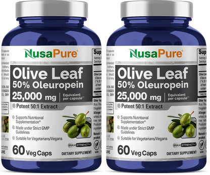 NusaPure Olive Leaf 50:1 Extract – 500 mg per Capsule (Equivalent to 25,000 mg) | 50% Oleuropein, Vegan, No Oil, 60 Capsules (Pack of 2)