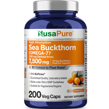NusaPure Sea Buckthorn Omega-7 30:1 Extract — 250 mg per Veggie Cap, 200 Capsules, Non-GMO & Vegan