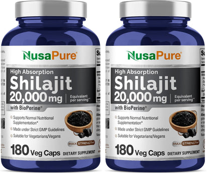 NusaPure Shilajit 20,000mg per Serving – 180 Veggie Caps – Pack of 2 | Non-GMO, Gluten Free, Bioperine