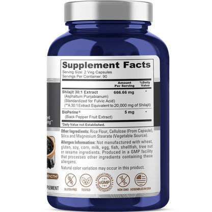 NusaPure Shilajit 20,000mg per Serving – 180 Veggie Caps – Pack of 2 | Non-GMO, Gluten Free, Bioperine