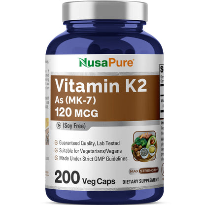 NusaPure Vitamin K2 MK-7 120 mcg – 200 Veggie Caps | Soy Free, Non-GMO, Vegan