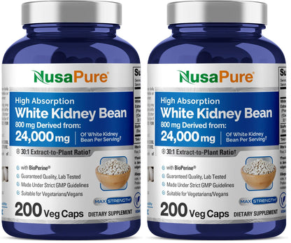 NusaPure White Kidney Beans 30:1 Extract – 24,000 mg Equivalent, 200 Vegan Capsules (Pack of 2)