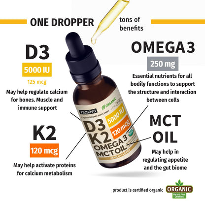 NUSAVA 4 Pack Organic Vitamin D3 K2 Drops with MCT Oil – 5000 IU, Vanilla