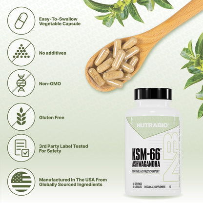 NutraBio Ashwagandha KSM-66 – Ashwagandha Herbal Supplement for Stress, Mood & Performance | 600 mg, 60 Capsules