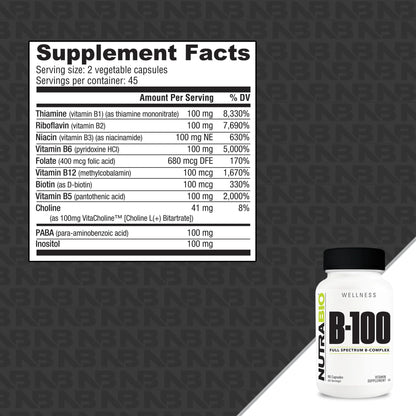 NutraBio B-100 B Vitamin Complex – Immune Support & Hair, Skin, Nails | 90 Veg Capsules (Pack of 2)
