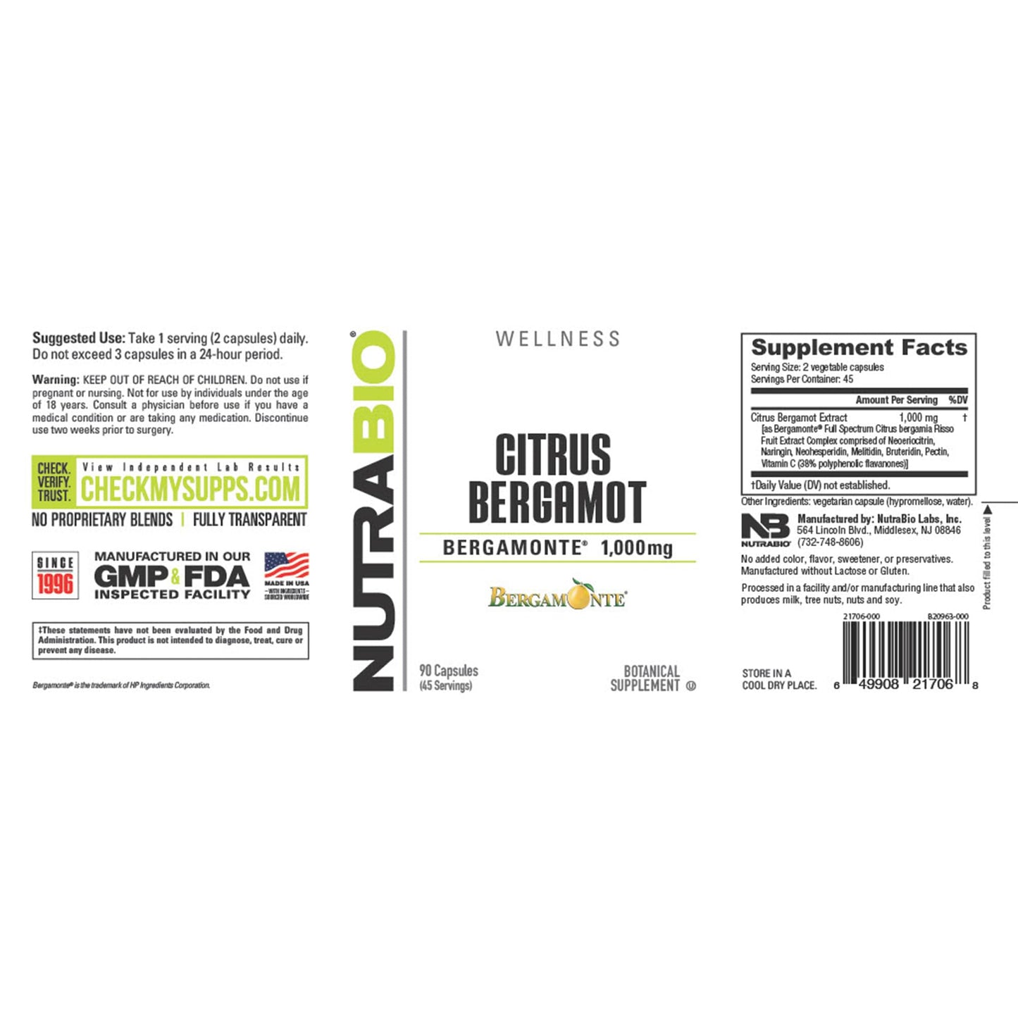 NutraBio Citrus Bergamot Bergamonte Extract Supplement 1000mg – Cardiovascular Health, 90 Capsules