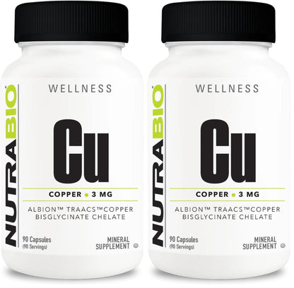 NutraBio Chelated Copper Bisglycinate (3mg) – Immune Support, 90 Capsules (2-Pack)