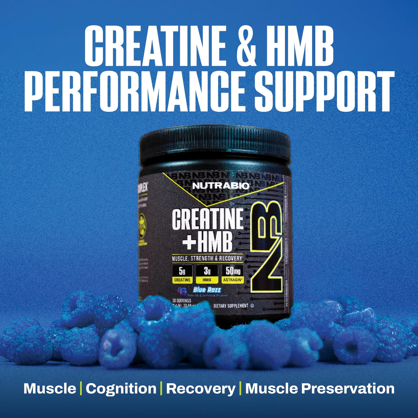 NutraBio Creatine + HMB Powder | Creatine Monohydrate with HMB for Muscle Growth – 30 Servings (Blue Razz)