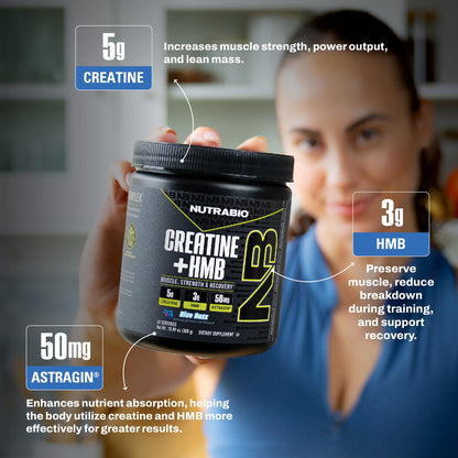 NutraBio Creatine + HMB Powder | Creatine Monohydrate with HMB for Muscle Growth – 30 Servings (Blue Razz)