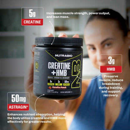 NutraBio Creatine + HMB Powder – Creatine Monohydrate + HMB (Paradise Punch) 30 Servings